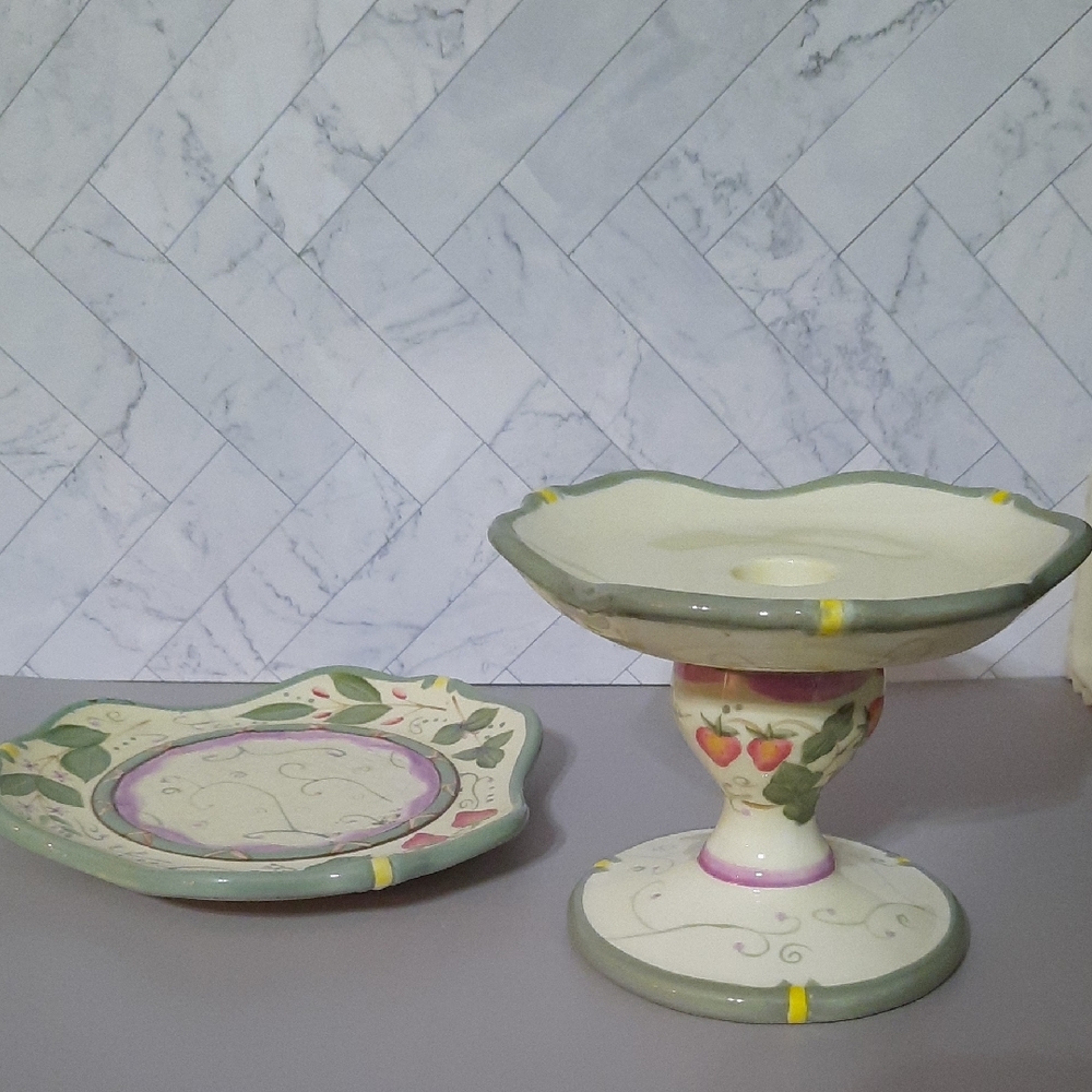 PartyLite Floral Ceramic Pedestal Candle Holder and Candle Serving Plate